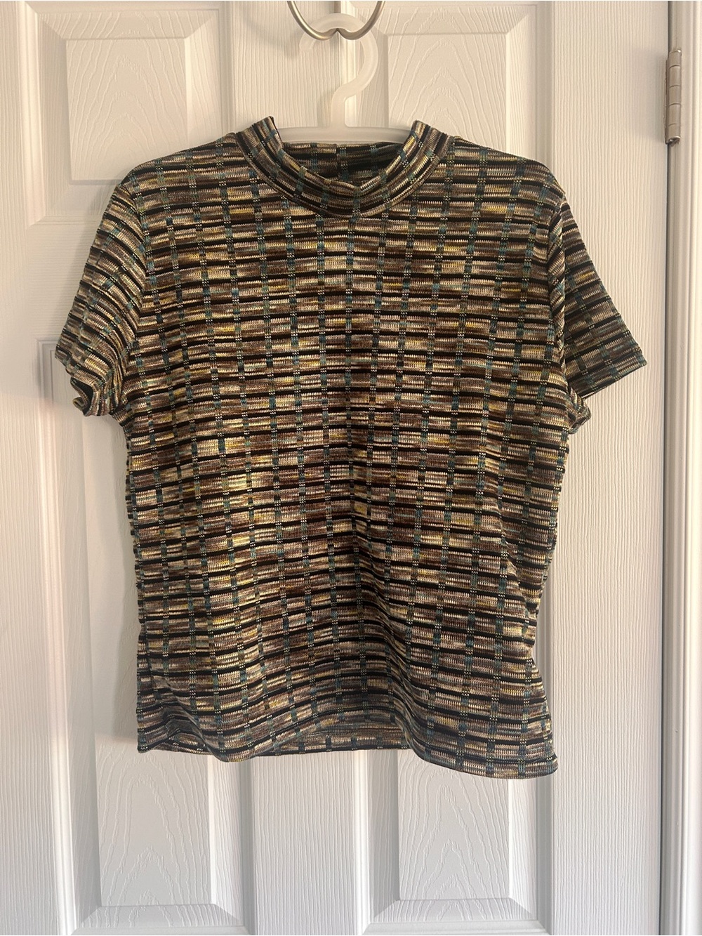 Zara Multi-Stripe Metallic Short Sleeve Top - Brown, Gold, Teal